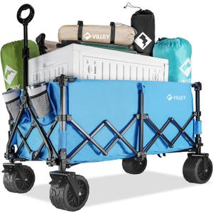 VILLEY Extended Collapsible Foldable Wagon with 330LBS Weight Capacity, 220L Heavy Duty Folding Utility Garden Cart with Big All-Terrain Beach Wheels with Brake & Drink Holders, Blue