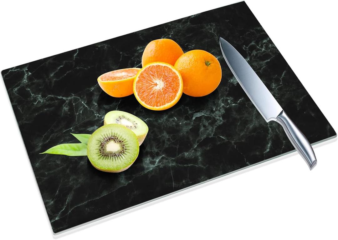 JAMBALAY Tempered Glass Cutting Board for Kitchen, 16"x12" Black Marble Glass Cutting Board with Design, Glass Chopping Board with Non Slip Feet, Heat & Shatter Resistant, Dishwasher Safe