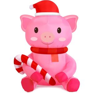 3.3ft Christmas Inflatable Pig Pig with Santa Hat & Candy Cane Christmas Inflatable LED Lighted Blown Outdoor Pig Decor for Indoor Outside Lawn Garden Patio Decor