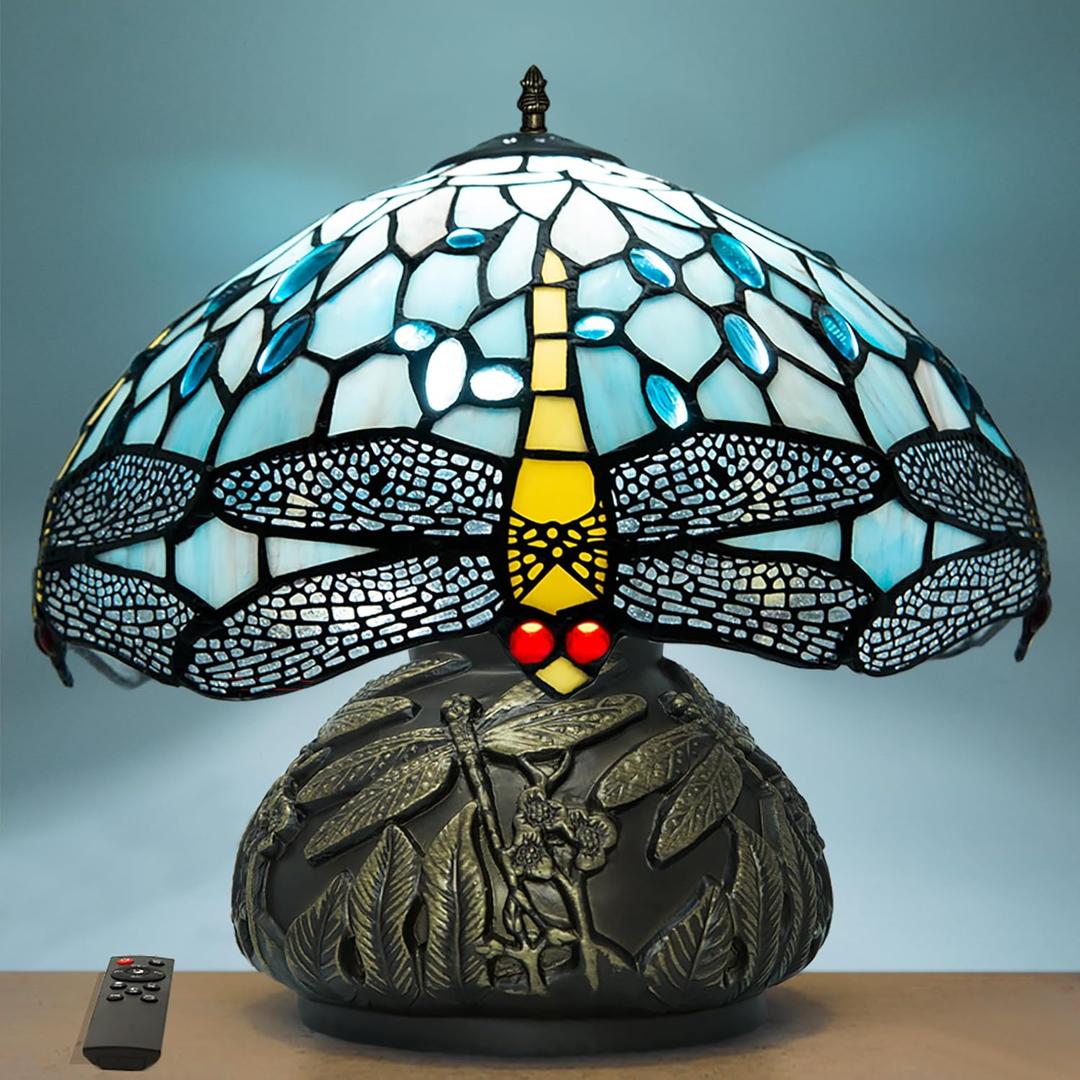 JHuiLap Tiffany Style Table Lamp,12x14 inches Stained Glass Lamp with Remote Control, Regulation Colors Temperature and Brightness,Ocean Blue Dragonfly Style Tiffany Mushroom Lamp for Bedside