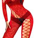 Sexy Women Leopard Jumpsuits, Hollow Out Backless, Sheer Dancewear (Red)