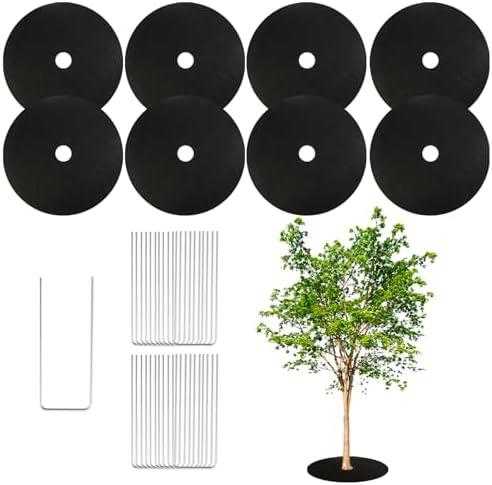 Tezhile 8 Pack Non-Woven Tree Mulch Ring 20.5 Inch, Round Mulch Ring Tree Protector Mat with 20 Garden Stakes, Reusable Heavy Duty Weed Barrier Fabric for Weed Control Root Protection