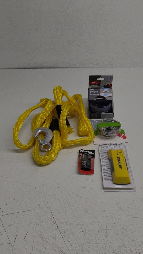 Yellow Twine, Soap Brush, Drain, Master Lock Key, Stanley Stud Sensor