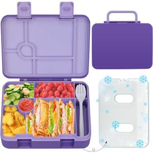 Kids Bento Lunch Box with Ice Pack, 5 Compartments Leak-Proof Bento Box with Utensils, 5.5-Cup Capacity for Adults & Ages 8+, BPA Free, Microwave & Dishwasher Safe, Purple