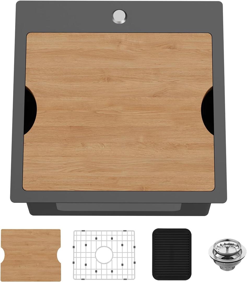 18x18 Inch Black Kitchen Sink Workstation - Stainless Steel Drop In Single Bowl Bar Sink Built-in Ledge Small Topmount Workstation Sink With Accessory-SS Grid Cutting Board,Silicon Mat,Drain Assembly