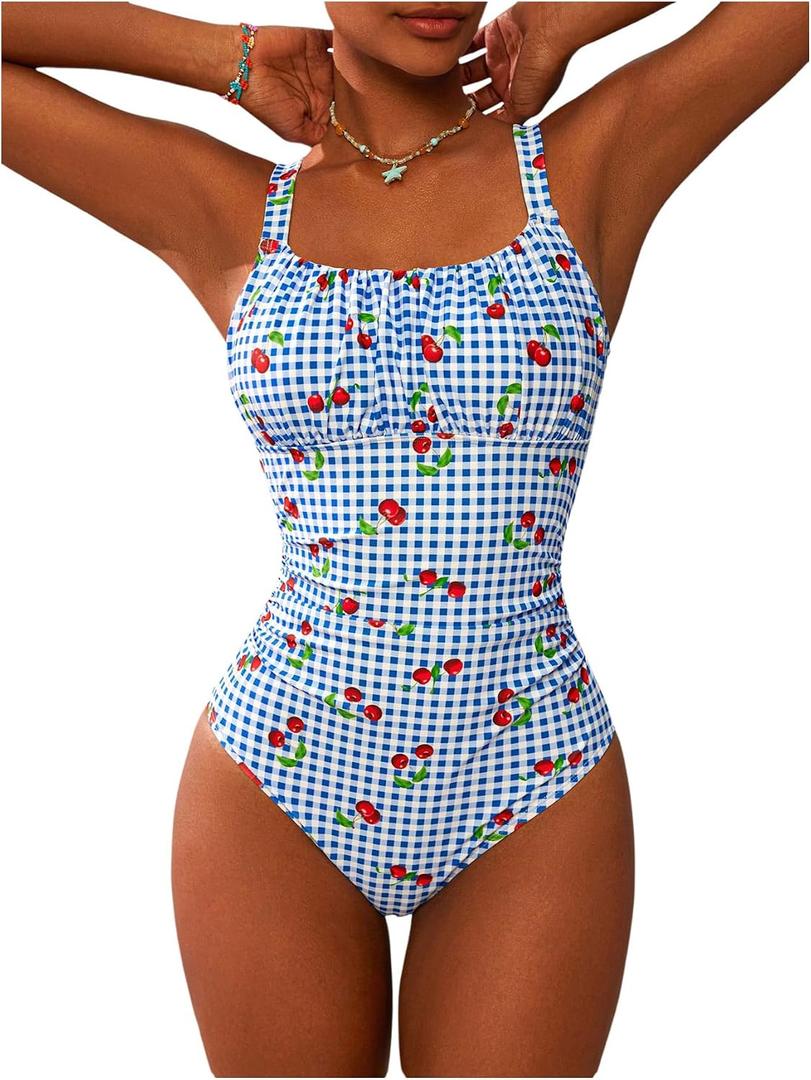 BEAUDRM Women's Boho Floral Print One Piece Swimsuit Y2K Bathing Suits Swimwear Beachwear, Large