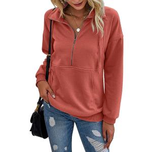 PRETTYGARDEN Women's Casual Long Sleeve Lapel Zipper Sweatshirt Drawstring Loose Pullover Tops (Large, Orange)