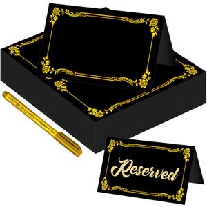 100 Pcs Black Place Cards and Gold Pen for Weddings, Name Cards with Gold Foil Border for Table Setting Folded Table Tents Sign for Buffet Banquet Parties Events Celebrations