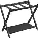 SONGMICS Luggage Rack for Guest Room, Suitcase Stand with Storage Shelf, Steel Frame, Foldable for Easy Storage, Hotel, Bedroom, Black URLR003B01