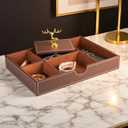 Jewelry Trays Nightstand Organizer, Valet Tray for Men and Women, Tray Organizer,Can hold Mobile phones, watches, cosmetics, keys. Dark Brown Faux Leather, 5 CompartmentCompartment