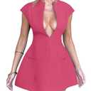 YMDUCH Women's Sexy Deep V Neck Cap Sleeve A-line Mini Club Party Dress Rose Medium