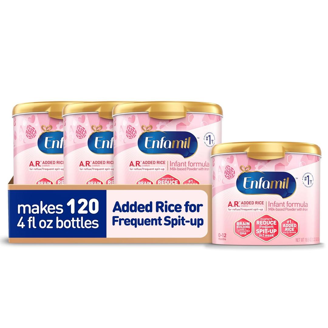 Enfamil A.R. Baby Formula, Added Rice Starch Formula to Reduce Reflux & Spit-Up, DHA for Brain Development, Probiotics to Support Digestive & Immune Health, Baby Milk, 19.5 Oz Tub, 4 Count (BBD: November 01, 2026)