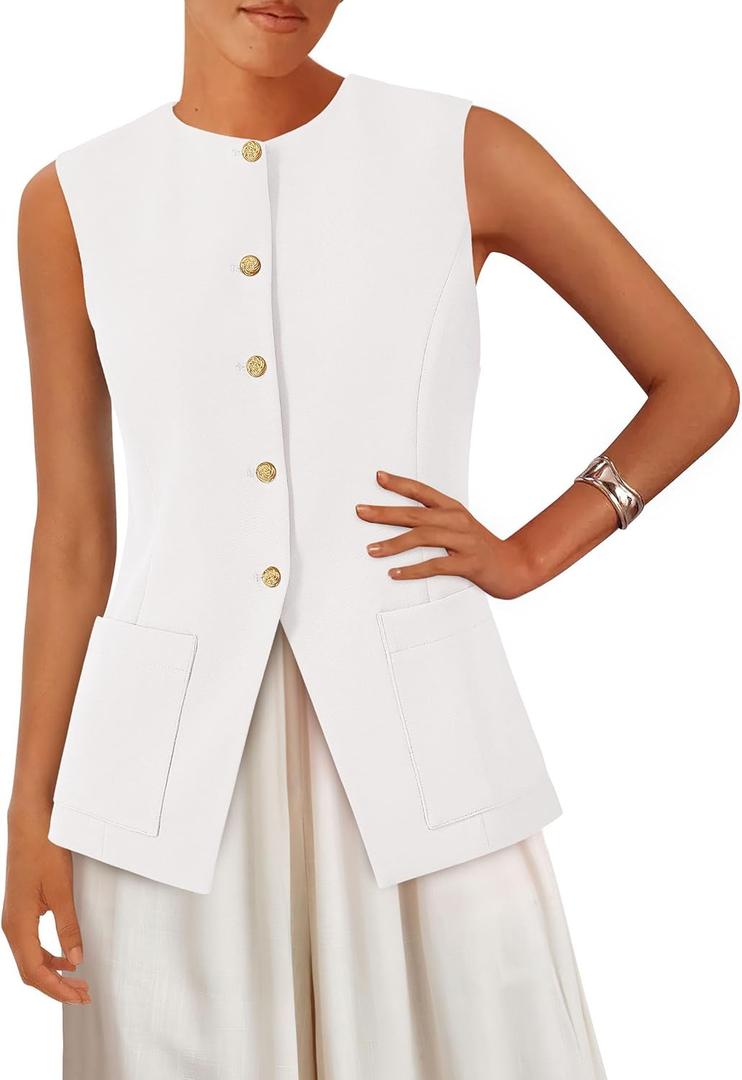 PRETTYGARDEN Blazer Vest Tops for Women Sleeveless Button Down Business Casual Outfits Work Suit Vests Waistcoat (White, S)