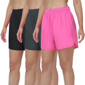 HOPLYNN 3 Pack Womens 5" Athletic Running Shorts Quick Dry Workout Short with Pocket Lightweight Gym Shorts for Women 1 Black 1 Gray 1 Rose Pink Large