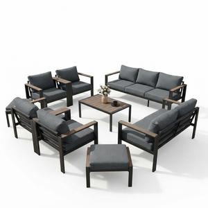 Patio Furniture Set 11 Seats and Coffee Table, 9 Pieces Patio Conversation Set with Thick Cushion, Ottomans, Deluxe Aluminum Modern Outside Sectional for Porch, Balcony, Deck, Yard, Light Gray