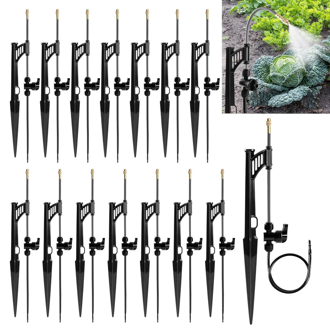 15 Sets 360 Adjustable Irrigation Misting Heads with Stake Micro Spray Emitters with 1/4" Irrigation Tubing on Riser Stake, Automatic Atomizing Sprinkler Stake Assembly for Garden Watering System
