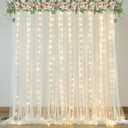 Ivory Tulle Backdrop Curtains with Lights String for Parites Wedding 10×10ft Sheer Backdrop Curtains for Baby Shower Birthday Party Bridal Shower Guaduation Photo Shoot Background Decorations