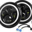 Round LED Headlights with Halo  2PCS 7 Inch 6000LM Headlamp for Jeep Wrangler TJ JK CJ, Offroad Lights with DRL White Angel Eyes & Amber Turn Signal, IP67 Waterproof, H4 to H13 Adapter, Plug & Play