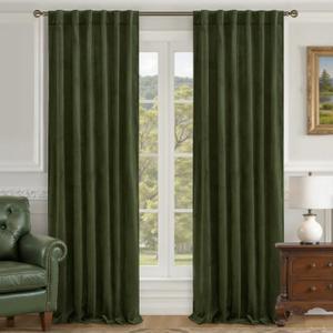 LAMIT Olive Green Velvet Curtains 108 Inch Length for Living Room, Thermal Insulated Blackout Curtains Luxury Room Darkening Back Tab and Rod Pocket Window Drapes for Bedroom, 2 Panels, 52 x 108 Inch