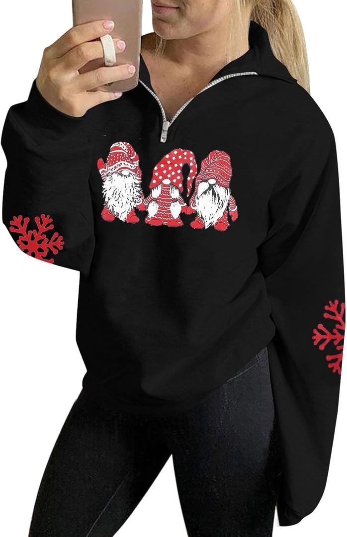 Merry Christmas Sweatshirts for Women Gnomes Santa Christmas Sweatshirt Cute Long Sleeve Pullover Top (Medium, High Collar Quarter -Black)