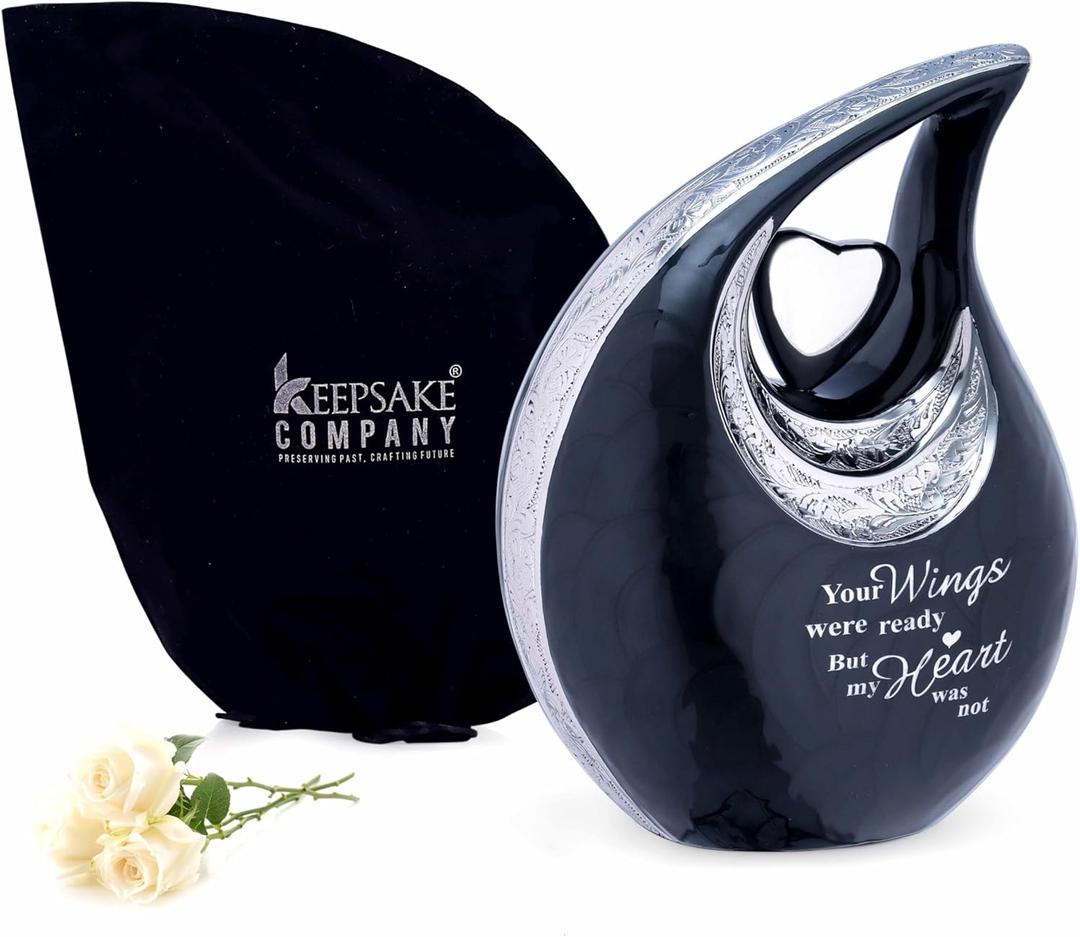 Large Black Teardrop Urn with Silver Heart for Human Ashes Male - Urns for Adult Men and Women - Cremation Urns for Ash, Funeral/Burial Urns, Decorative and Keepsake ERN, Heart Urn, 2.5 LTR, Black - Pre Engraved