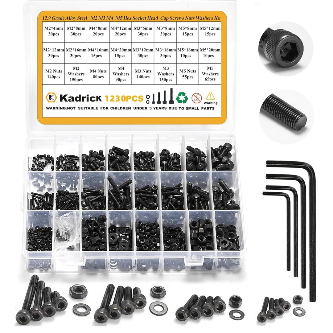 Kadrick M2 M3 M4 M5 Screws Nuts and Washers Assortment, Grade 12.9 Alloy Steel, Hex Socket Head Cap Metric Bolts and Nuts Kit, Black Zinc Palted,Anti Rust Upgrade (1230Pcs M2-M5 4mm-20mm)