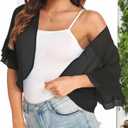 Women's Cardigan Bolero Shrug Ruffle Short Sleeve Open Front Loose Sheer Jackets for Tops (Black, L)