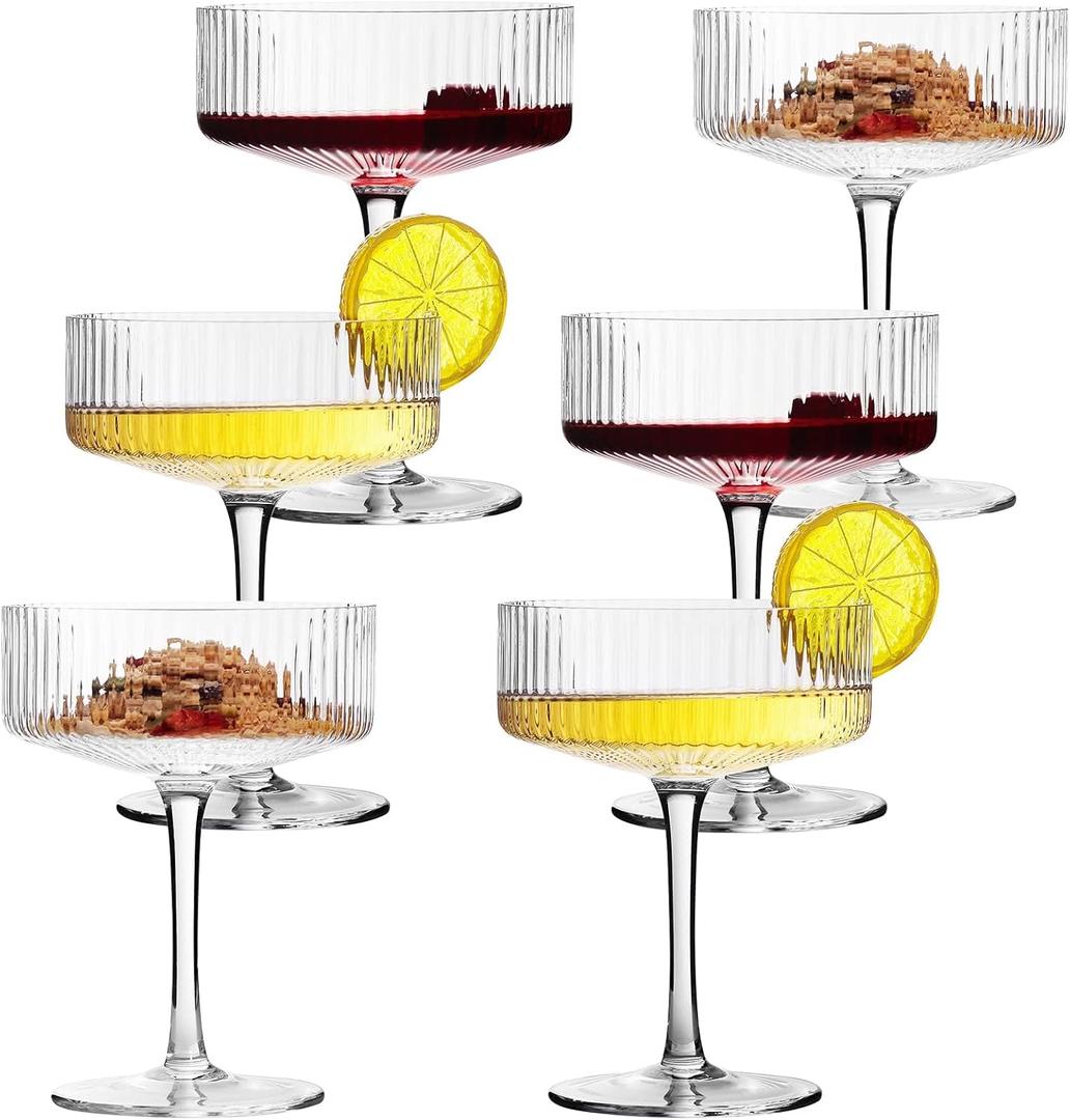 6 Pcs Ribbed Coupe Cocktail Glasses, 10 oz Classic Old Styling Martini Glass Set with Gift Box Packaging Elegant Hand Blown Manhattan Goblet for Cocktail, Champagne, Bar and Gift (6)