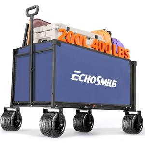 EchoSmile Collapsible Wagon Cart for Camping & Beach - Heavy Duty 400lbs Capacity All-Terrain Cart with Wide Wheels, Portable Folding Utility Wagon for Grocery, Garden, Sports,Blue&Orange