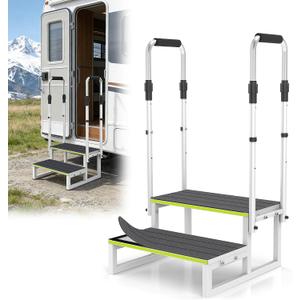 RV Step Stool with Handrails, 2 Step Stool with 2 Handrails, Wide Platform & Anti-Slip Mats, Portable Stairs for Hot Tub/Camper/Mobile Home/Porch/SPA Pool/Pet Stairs