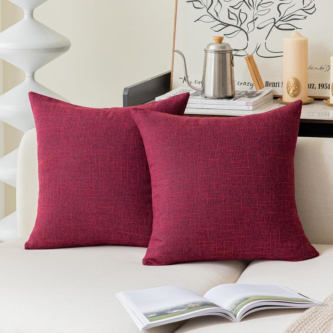 Kevin Textile Supersoft Faux Linen Square Christmas Throw Cushion Cover Pillowcase, Hidden Zipper, 22x22 inch(2 Piece, Sangria Red)