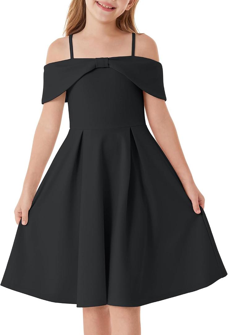 GRACE KARIN Girls Elegant Dress Off Shoulder A-Line Casual Party Dresses (Black, 8Y)