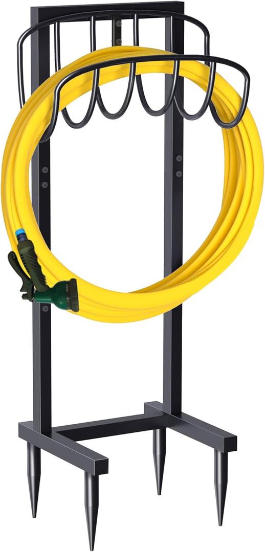 Artigarden Freestanding Garden Hose Holder with 4 Spikes, Heavy Duty Metal Reel Stand Hanger Rack Organizer, Holds Storage 150ft Hose for Outside Yard Lawn, Black