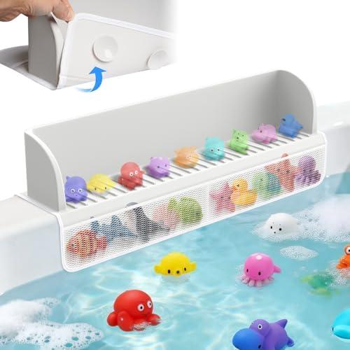 Splash Guard for Bathtub Kids,Toy Tray Caddy Holder Storage,Bath Toy Storage Bag,Guard for Bathtub with Mesh Bathtub Toys Storage,Super Adsorption - Extended Design for Splash Protection,Silicone,Gray