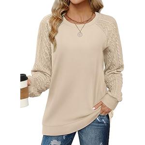 Saloogoe Sweatshirts for Women Crewneck Cable Knit Sleeve Sweaters Lightweight Fashion 2025, Size S