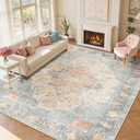 RELEANY Area Rugs Large 9'x12' Washable Non-Slip, Floral Vintage Distress Medallion Carpet for Living Room Bedroom Dining Room, Blue Orange Red