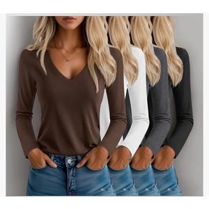 OakGarden 4 Pack Women's T-Shirts V Neck Long Sleeve Casual Tops Loose Fit Basic Layering Shirts Straight Hem Plain Soft Tees Large