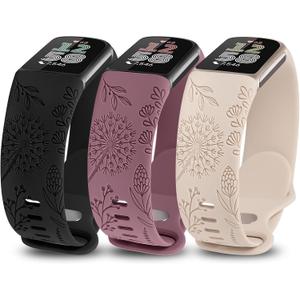 Minyee 3 Packs Floral Engraved Band Compatible with Fitbit Charge 6 Bands/Fitbit Charge 5 Bands Women, Cute Soft Silicone Dandelion Flower Pattern Sport Designer Fancy Summer Strap for Charge 6/5 (Black/ Violet Smoke/ Starlight)