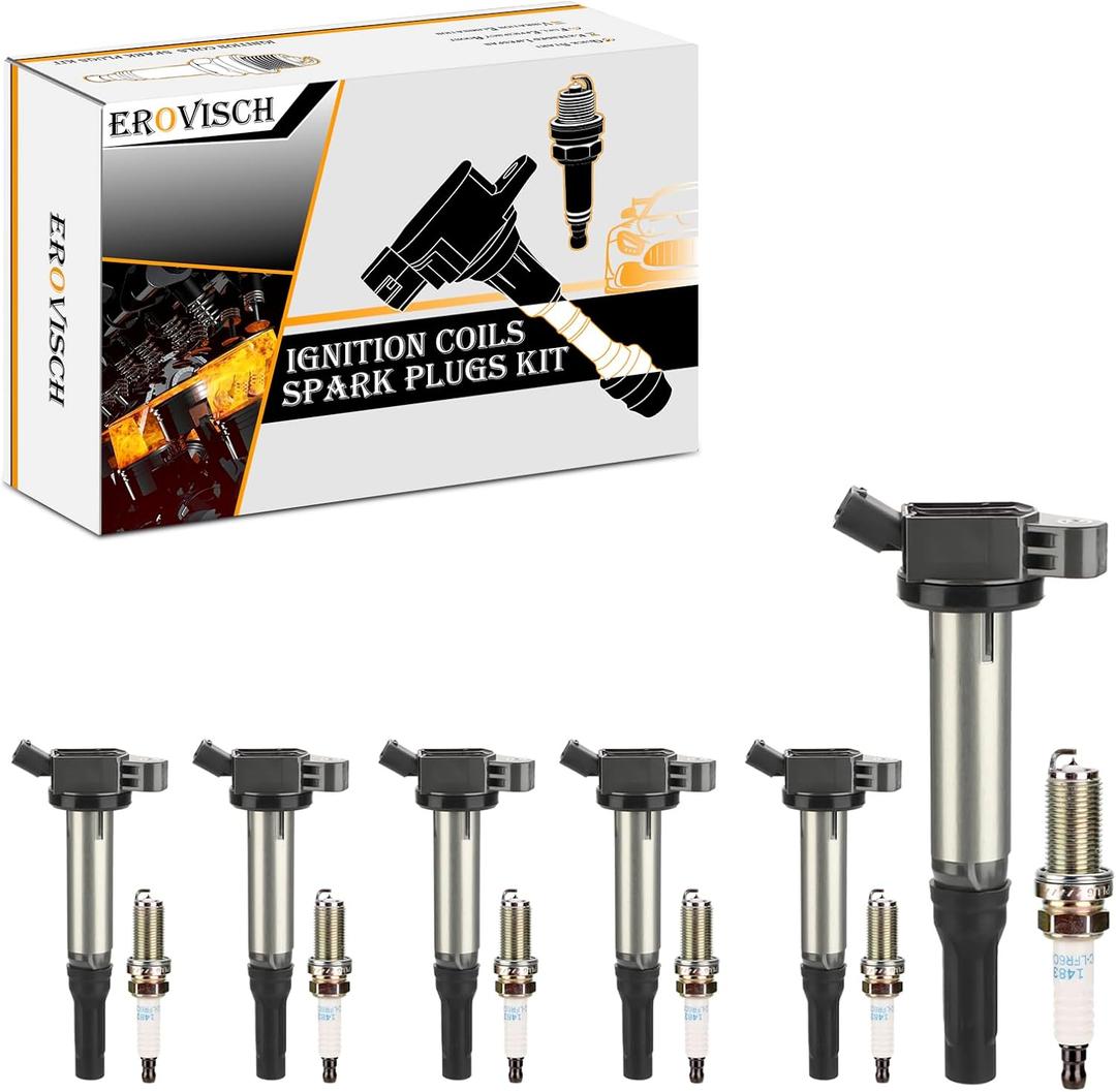 Pack 6 UF487 Ignition Coil & Spark Plug - Compatible with Lexus Lotus Toyota - ES350 RX350 RX450H Evora Avalon Camry Highlander Rav4 Sienna Venza - 3.5L V6 - Replaces # 90919-02255 C1601 (Set of 6)