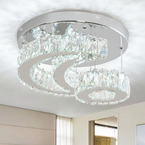 Brylokra 11.8" Crystal Chandeliers Modern Crystal Ceiling Light LED Star Moon Light Semi Flush Mount Chandelier Ceiling Light Fixture for Dining Room Bedroom Hallway (6000K Cool White)