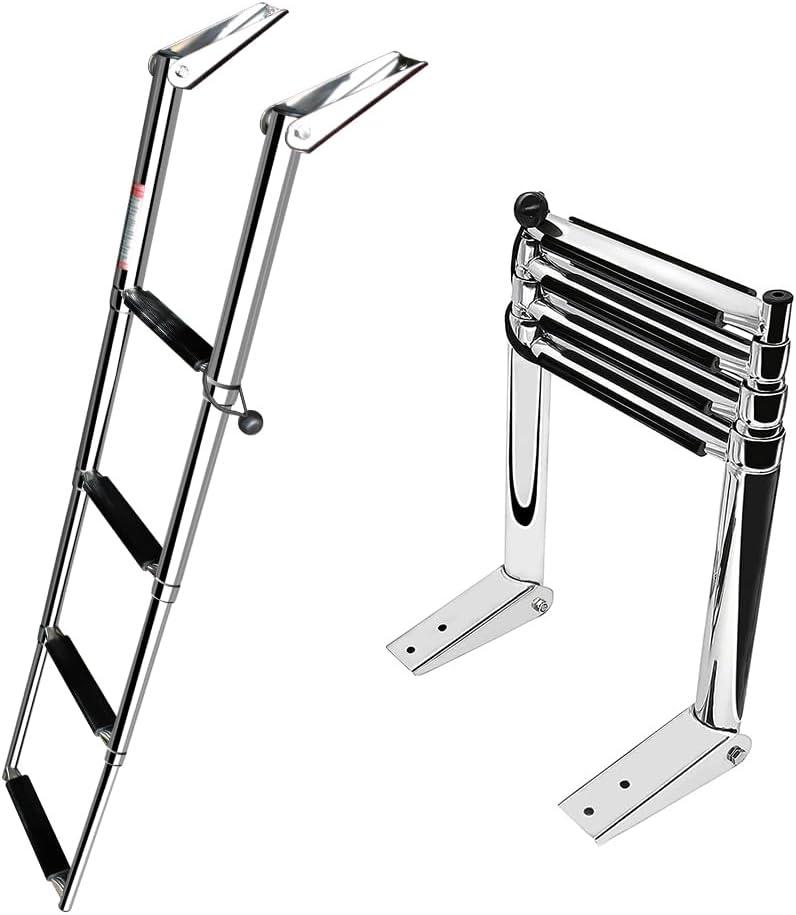 Stainless Steel Telescoping Folding Ladder Rear Entry Inboard Ladder All Welded Reinforce Swimming Deck Ladder with Wide Steps and Strong Handrails (4 Steps)