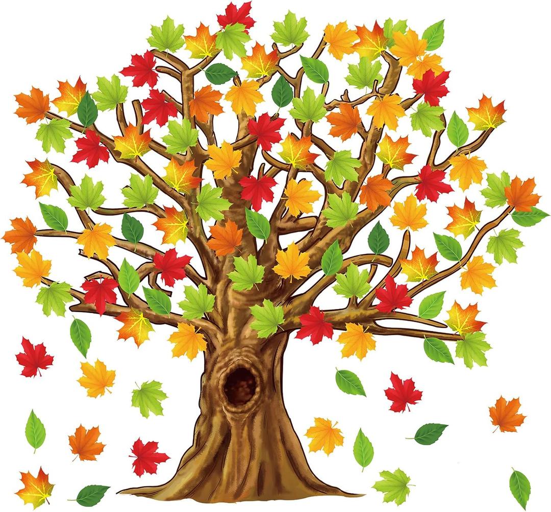 Gersoniel 90 Pieces Classroom Tree Bulletin Board Decorations Conversation Fall Leaves Cutouts Autumn Stickers for Classroom Home Wall Decor(Natural Style)