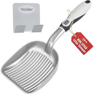iPrimio Cat Litter Scooper Deep Shovel with Holder - (Silver XL) - Non-Stick Pooper Scooper Shovel Kitty Litter Sifter - Patented Solid Aluminum Poop Scoopers with Long Handle, Easy Grip, Pet Supplies