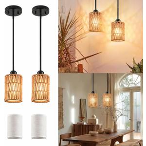 Rattan Pendant Light, 6 Inch 2-in-1 Boho Hanging Fixture with Iron Rods & Linen Shade, Adjustable Height & Sloped Ceiling Compatible for Kitchen Island Dining Room Farmhouse Bedroom, 2 Pack