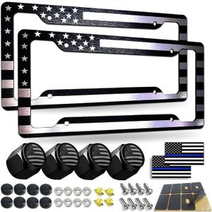 BGGTMO Black American Flag License Plate Frames- 2 Pack Front Rear Patriotic USA Stars and Stripes Aluminum Car Tag Holder with Screws