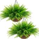 lovemoon Fake Ferns Plant Baskets,2PCS Artificial Hanging Plants,2 Hanging Planters with 24 Pcs Leaves for Indoor Outside Decorations for Front Porch Garden Balcony Patio Home Decor (2, Light Green)