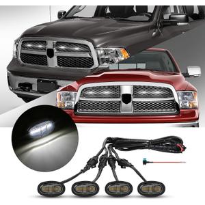 4 Pcs Led Grill Lights Compatible with 2013-2018 RAM 1500 & 2019-2024 RAM 1500 Classic - LED Front Grille Lights Accessories with Fuse & Harness (White Light Black Shell)