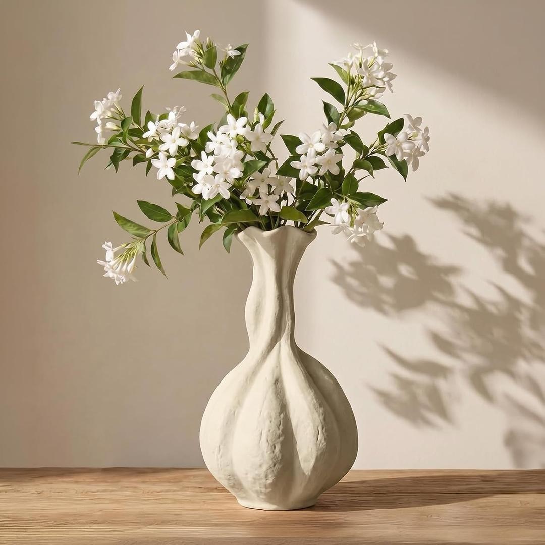 DOWAN Ceramic Flower Vase, 10" Decorative Pampas Vase for Home Decor, Modern Farmhouse Pottery Vase for Living Room Table Kitchen Bedroom Coffee Desk Entryway Mantel Book Shelf, Soft White
