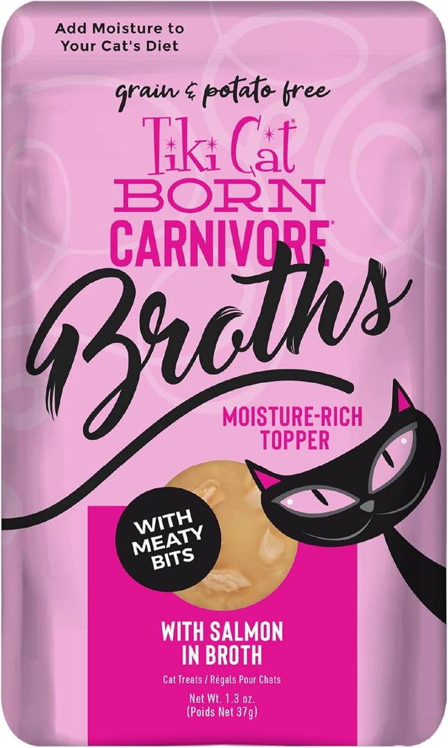 Tiki Cat Born Carnivore Broths, Salmon Recipe, Hydration and Flavor Supplement Cat Food Topper, 1.3 oz. Pouch (Pack of 12), Best By 05/29/2026