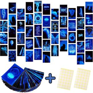Ctosree 50 Pieces Blue Neon Aesthetic Pictures Wall Collage Kit Neon Blue Indie Room Decor Photo Collections Collage Dorm Decors for Girl Teens and Women for Room Bedroom Aesthetic, 4 x 6 Inches